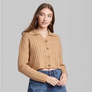 WILD FABLE Cropped Button-Up Cardigan Sweater Top Jacket in Ribbed Tan Camel